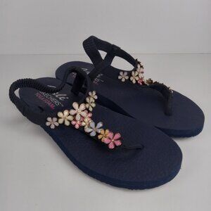 Skechers Sandals Womens 8 Meditation Happy Glass Daisies Navy Floral Yoga Foam